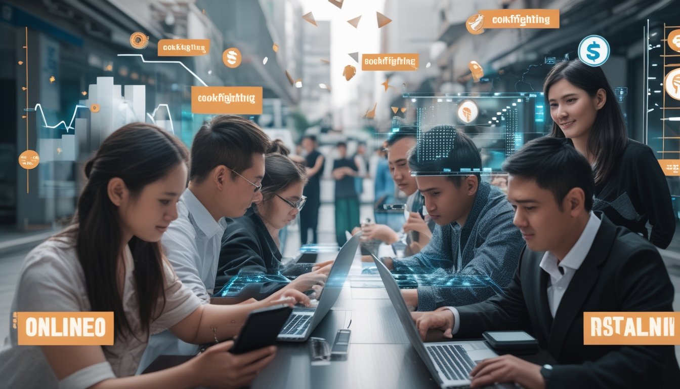 Sekelompok orang menggunakan perangkat digital di lingkungan perkotaan yang menunjukkan interaksi sosial dan aktivitas ekonomi terkait sabung ayam online.