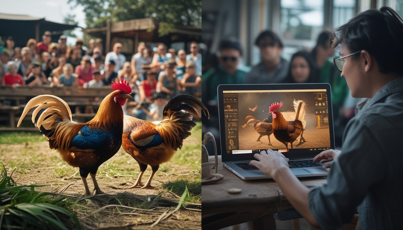 Dua adegan berdampingan yang menunjukkan sabung ayam tradisional di luar ruangan dengan penonton dan sabung ayam online melalui seseorang yang menggunakan perangkat digital di dalam ruangan.