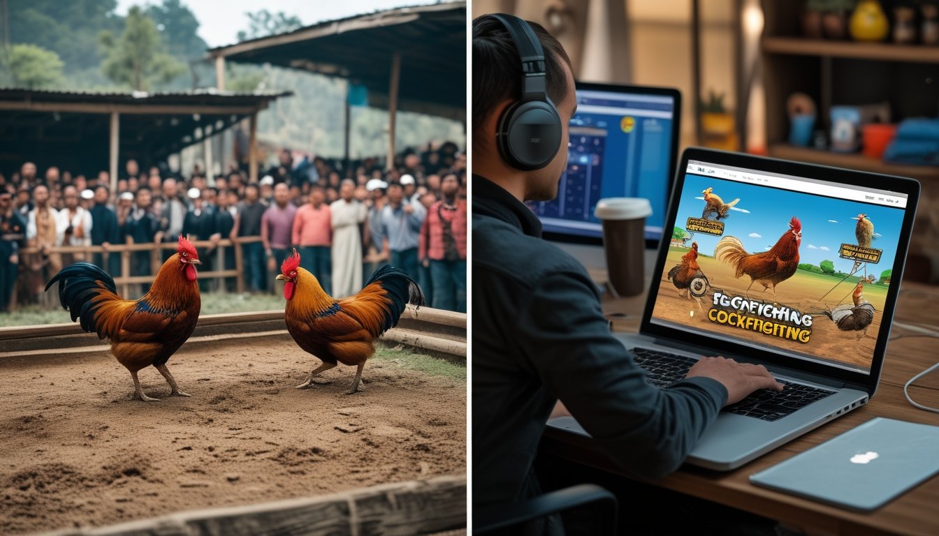Adegan yang menunjukkan perbedaan antara sabung ayam tradisional di luar ruangan dengan dua ayam bertarung dan penonton, serta sabung ayam online dengan seseorang menggunakan laptop di dalam ruangan.