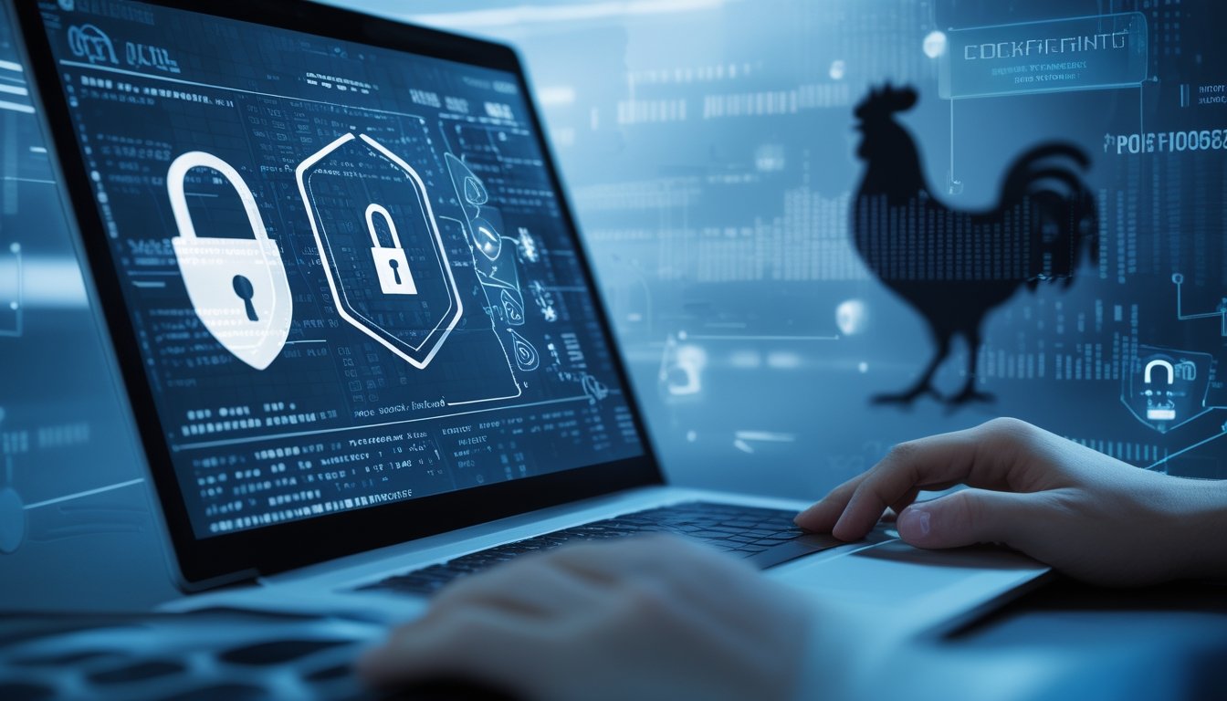 Seorang pengguna bekerja di depan laptop dengan grafik keamanan data dan bayangan ayam jago di latar belakang.