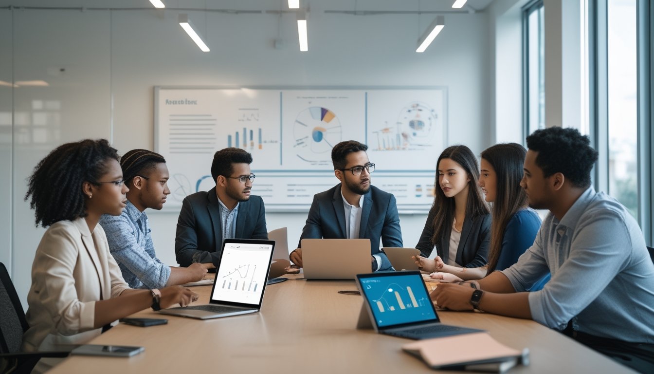 Sekelompok orang muda sedang berdiskusi serius di meja konferensi dengan laptop dan catatan di ruangan kantor yang terang.