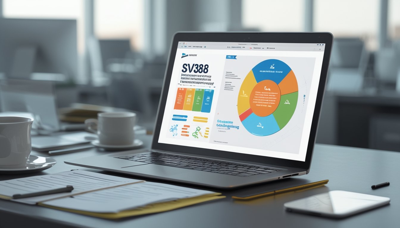 Sebuah ruang kerja modern dengan laptop yang menampilkan grafik warna-warni, catatan tertata rapi, dan ponsel dengan percakapan tentang istilah sabung ayam SV388.