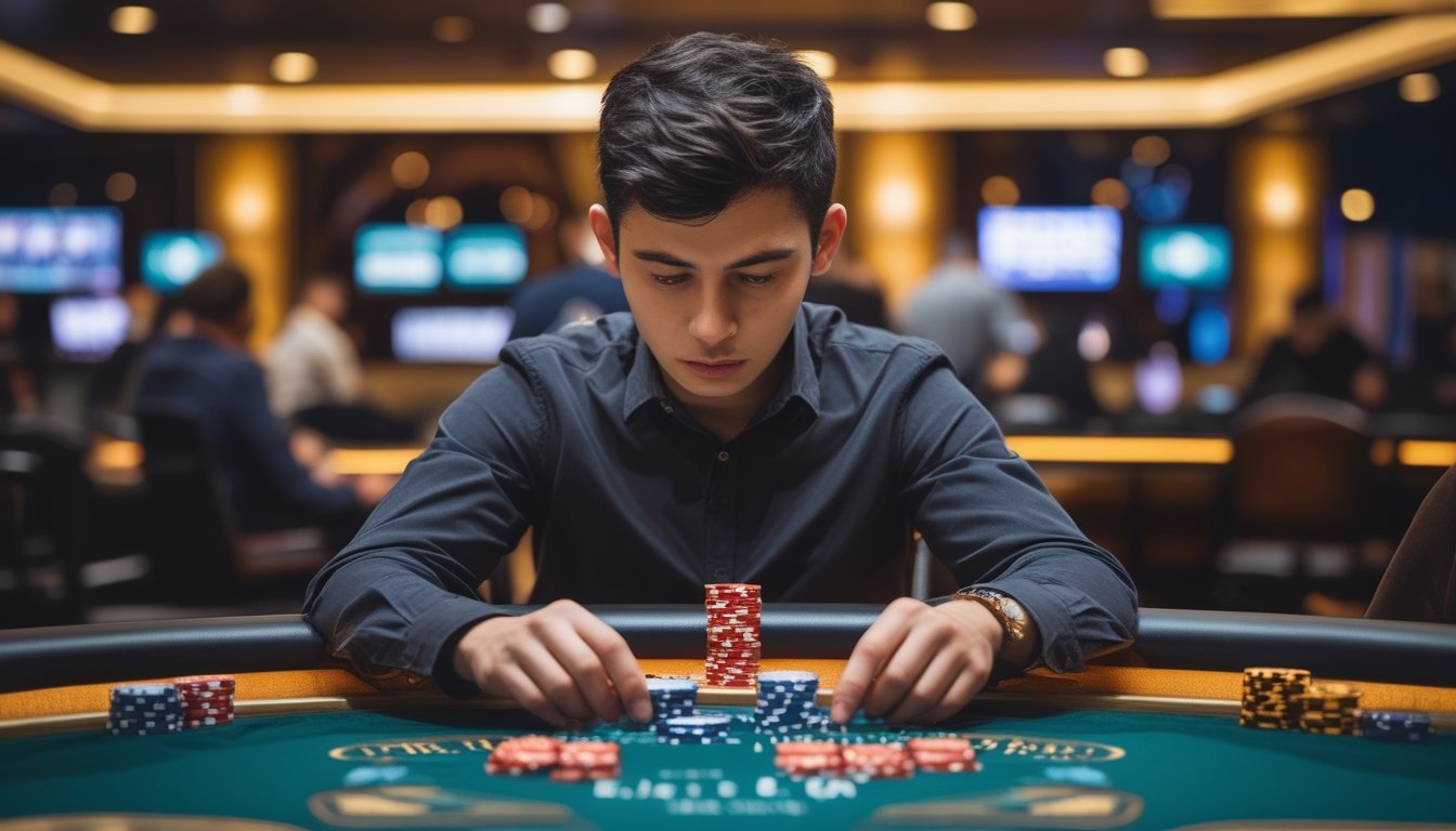 Seorang pemain poker pemula yang fokus duduk di meja poker dengan chip dan kartu, di dalam suasana kasino yang hangat dan ramai.