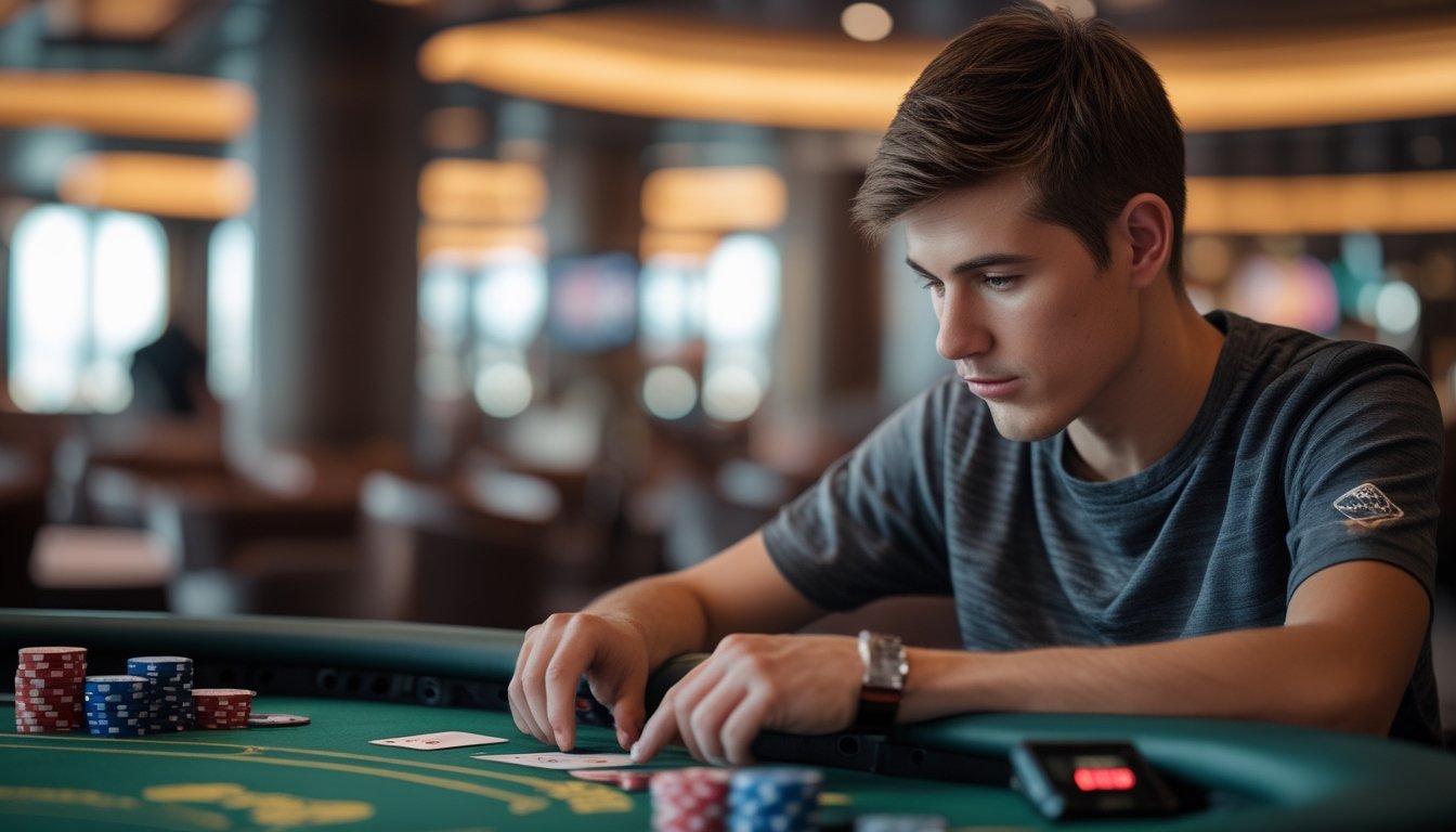 Seorang pria muda fokus duduk di meja poker dengan chip dan kartu, sedang bermain poker di kasino.