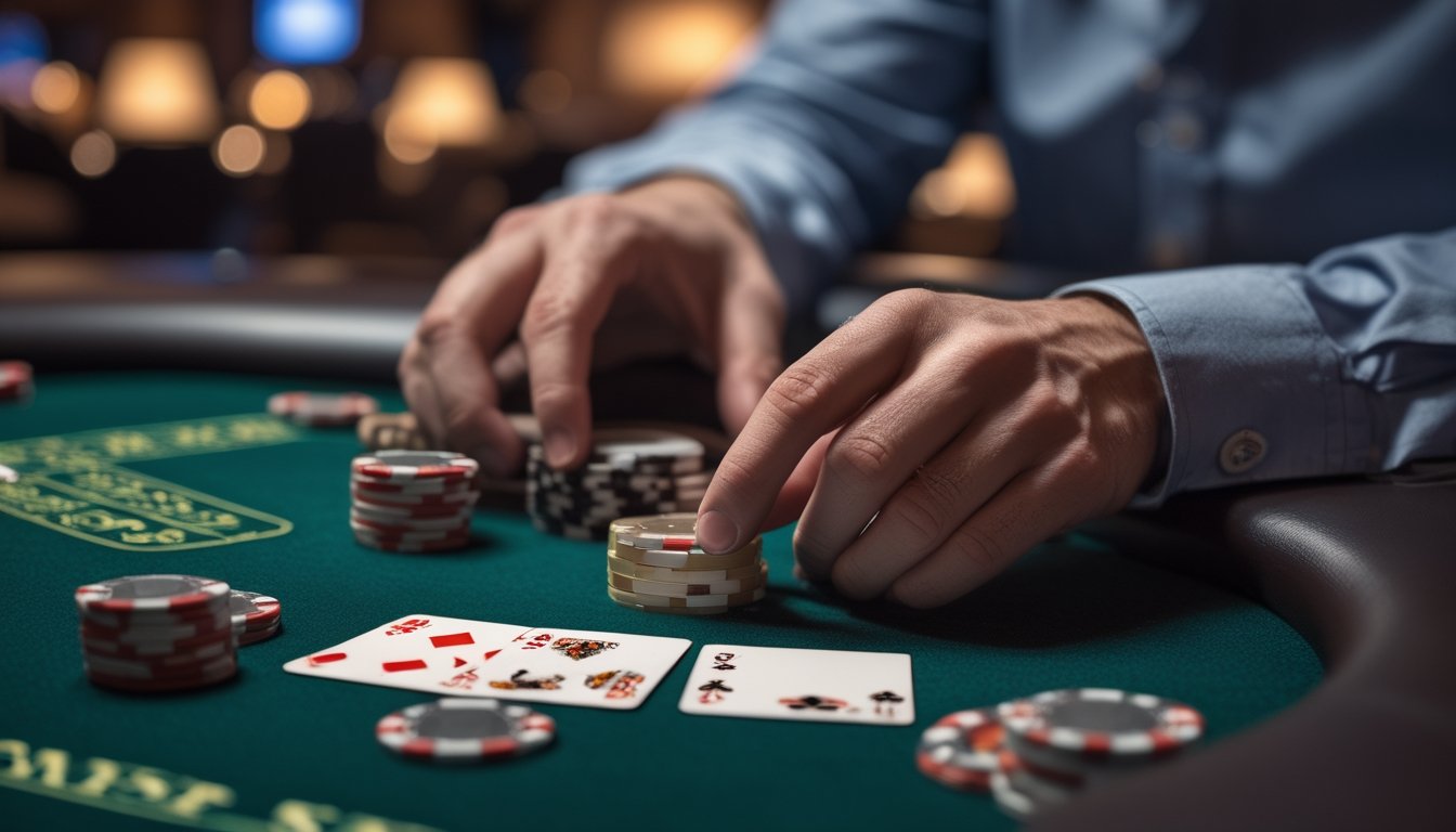 Seorang pemain poker fokus memegang kartu dan chip di meja kasino dengan suasana hangat dan tenang.