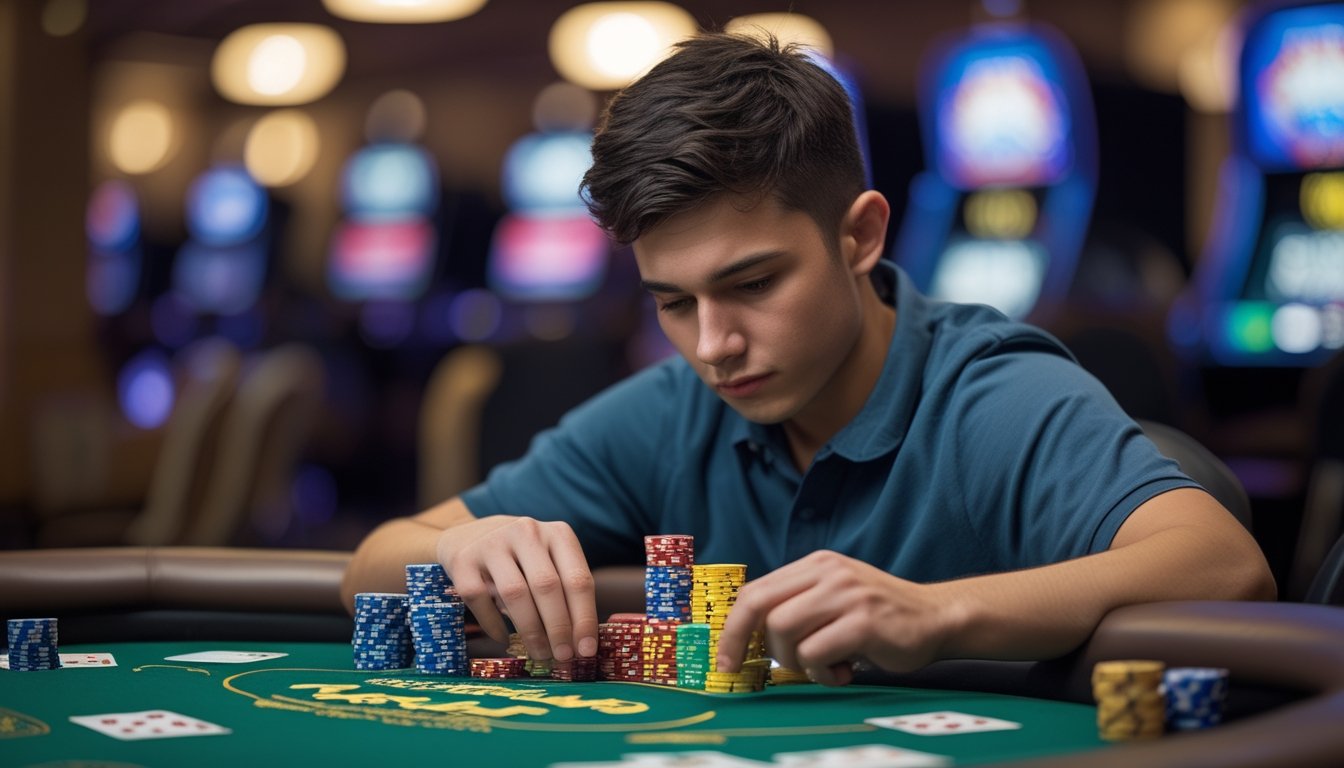 Seorang pemain poker muda sedang fokus bermain di meja poker dengan chip dan kartu di depan, di dalam suasana kasino.