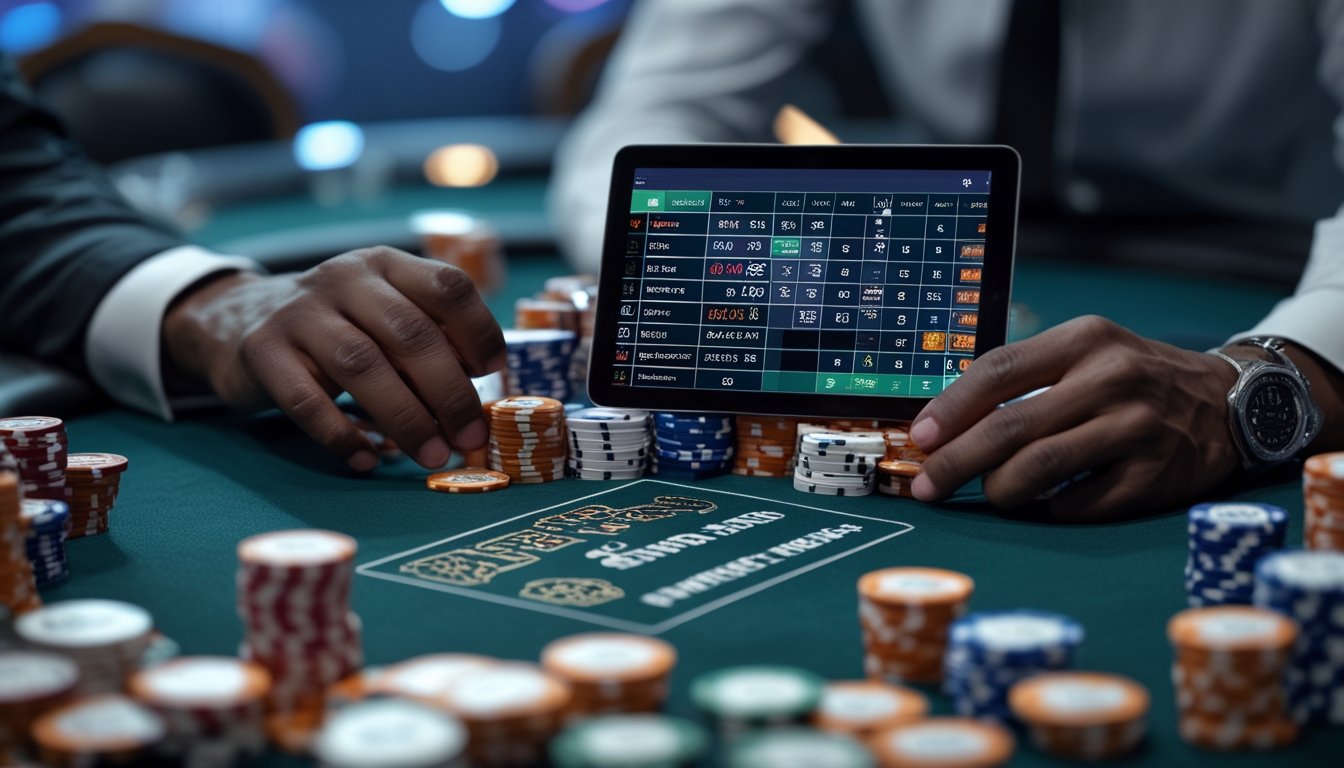 Meja poker dengan tumpukan chip dan perangkat digital, tangan sedang mengatur chip dalam suasana kasino.