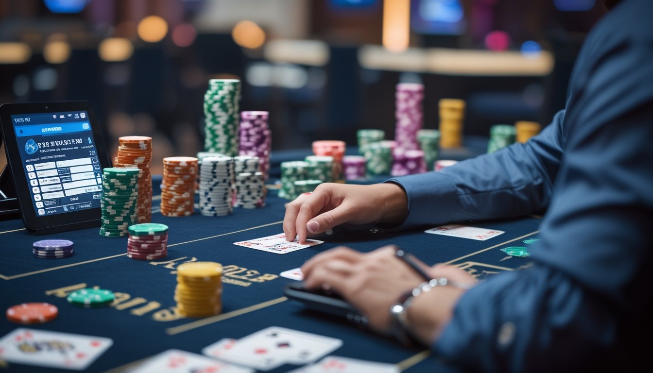 Seorang pemain poker yang fokus mengatur chip dan menggunakan ponsel di meja poker dengan kartu dan tumpukan chip.