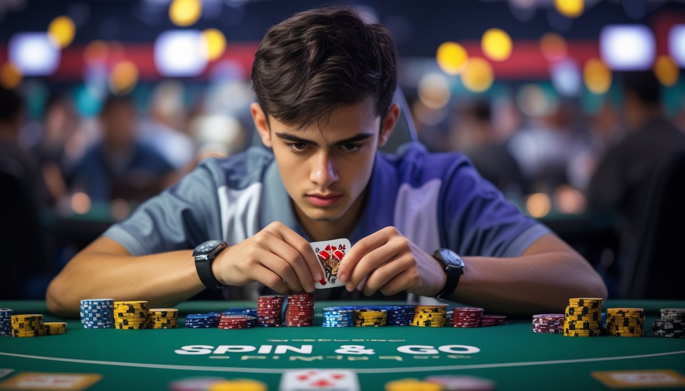Seorang pemain poker serius duduk di meja poker dengan chip dan kartu di tangan, fokus bermain Spin & Go.