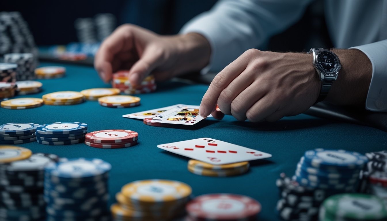 Tangan pemain memegang chip poker dan kartu di meja poker dengan tumpukan chip berwarna dan kartu tersebar.