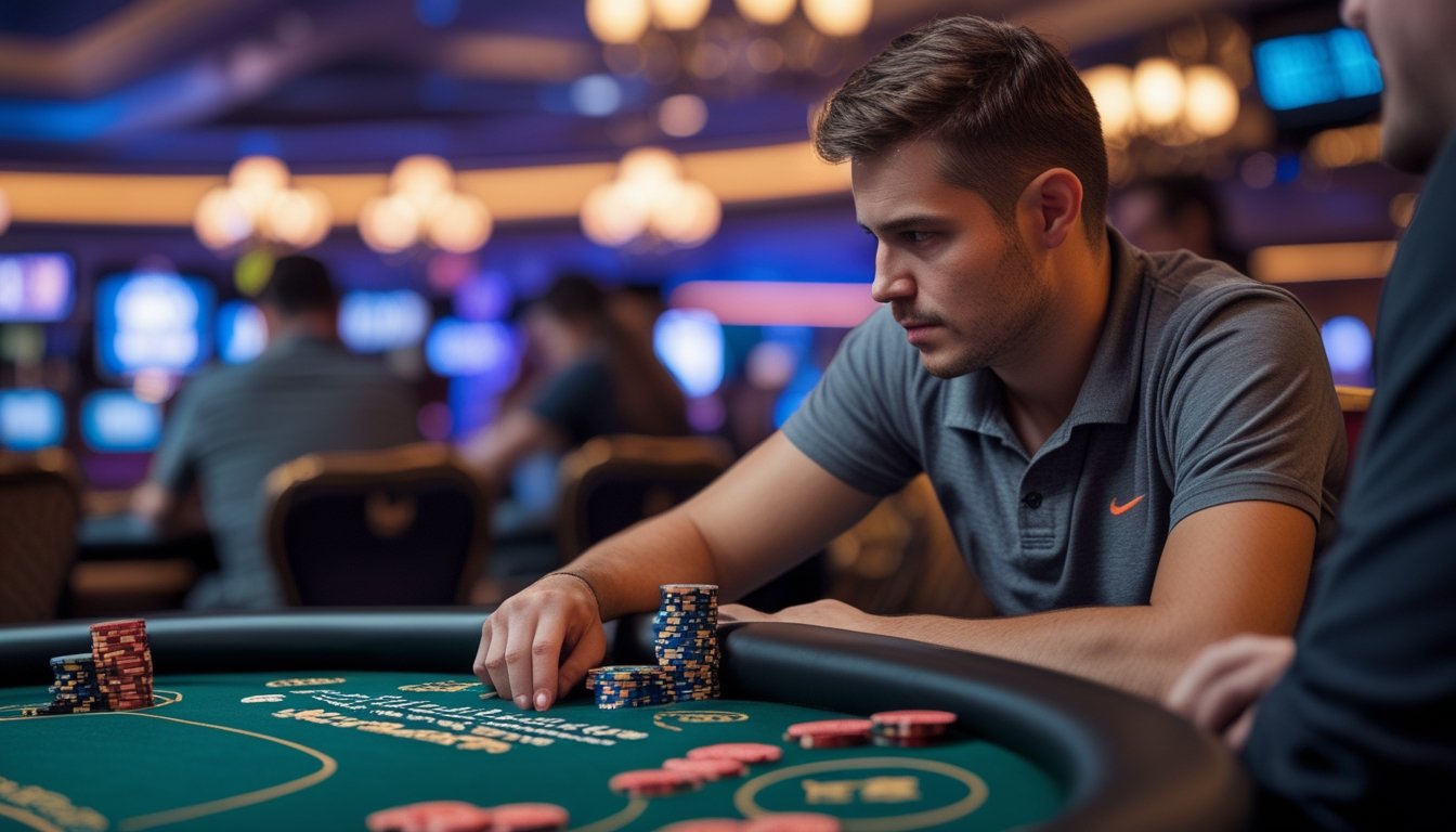 Seorang pemain poker serius duduk di meja kasino dengan tumpukan chip dan kartu, suasana turnamen poker terlihat di latar belakang.