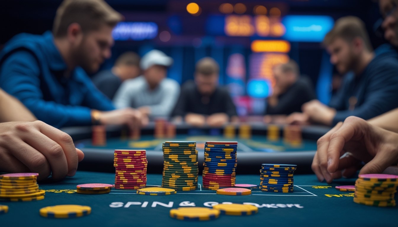 Beberapa pemain poker sedang fokus bermain di meja dengan tumpukan chip dan kartu di tangan mereka dalam suasana turnamen.