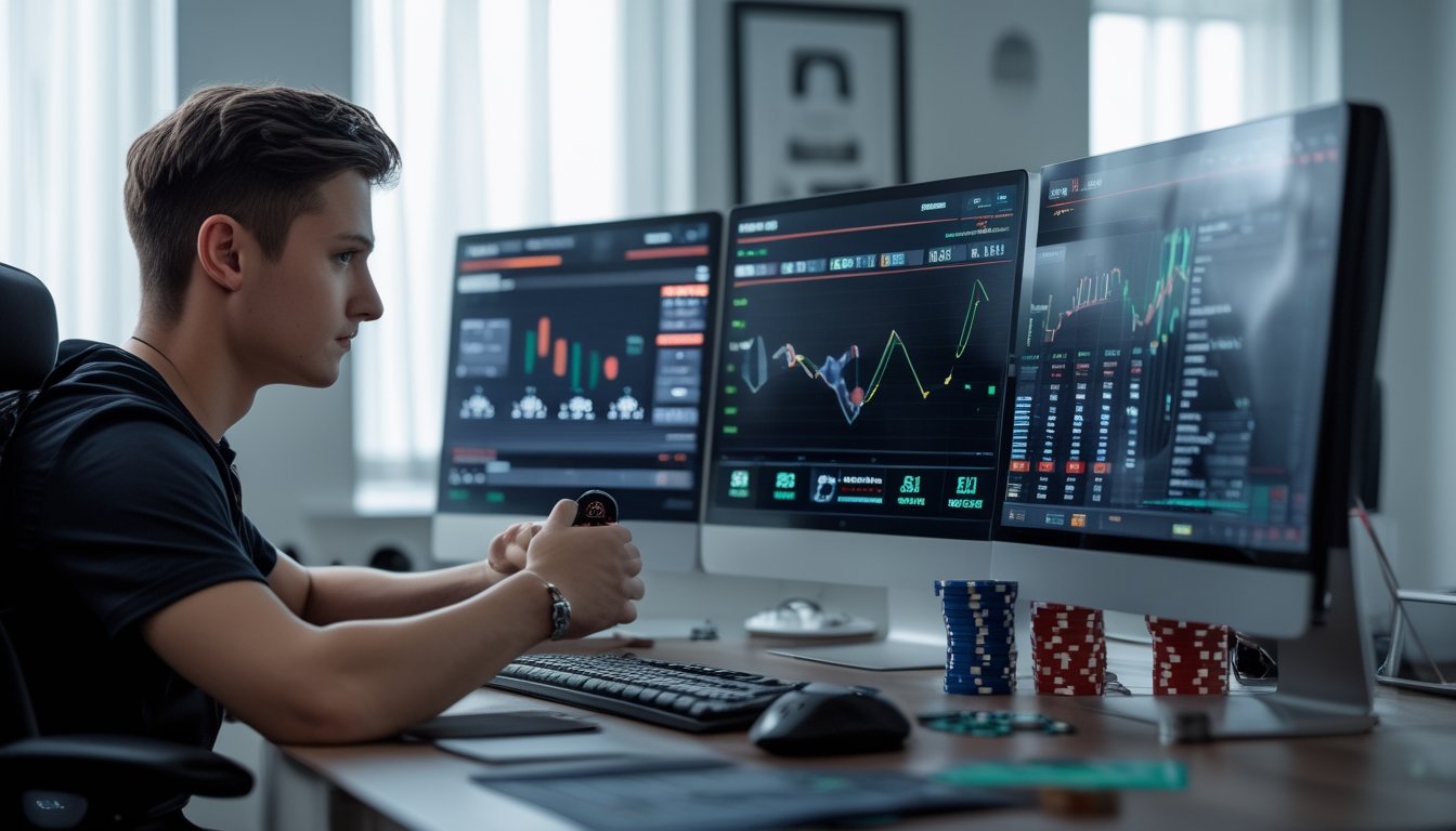 Seorang pemain poker online serius duduk di depan komputer dengan beberapa layar menampilkan permainan poker dan grafik analisis data, di meja terdapat kartu dan chip poker.