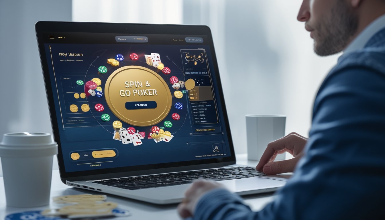Seorang pemain poker online duduk di depan laptop dengan meja poker digital dan chip poker berwarna-warni di atas meja.
