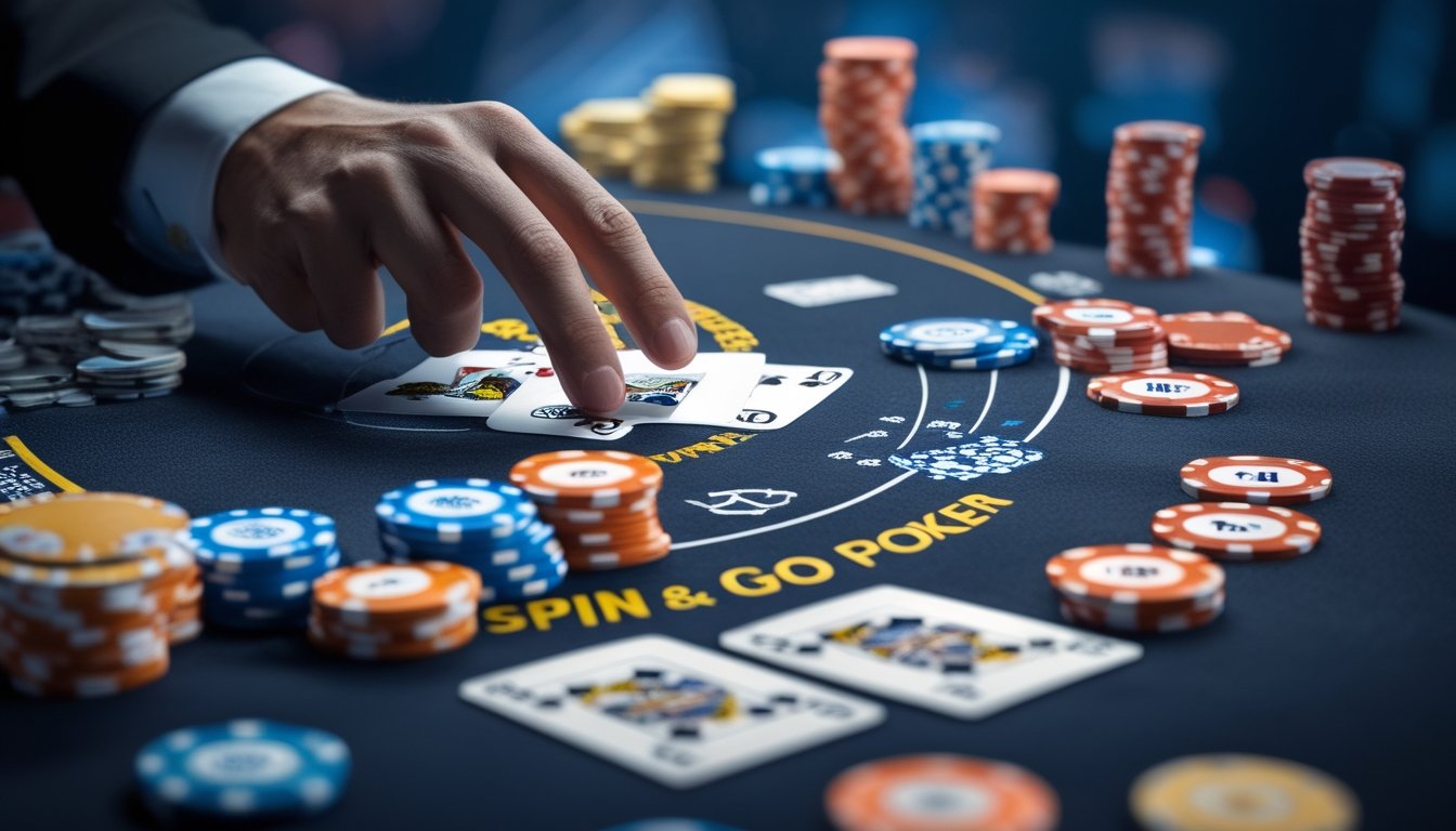 Meja poker dengan tumpukan chip warna-warni dan kartu yang dibagikan, seorang pemain sedang melakukan all-in dalam permainan poker Spin & Go.