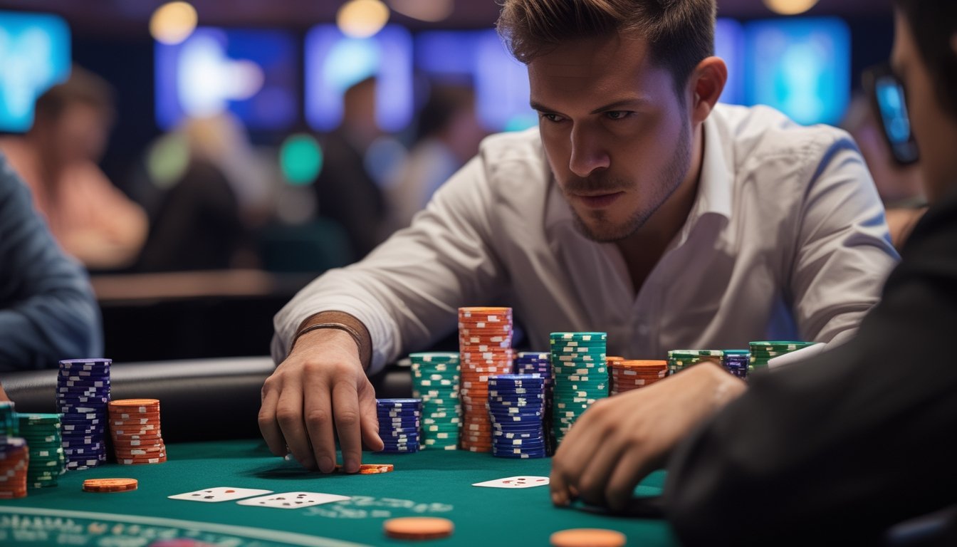 Seorang pemain poker fokus sedang bermain Spin & Go dengan tumpukan chip dan kartu di meja poker.