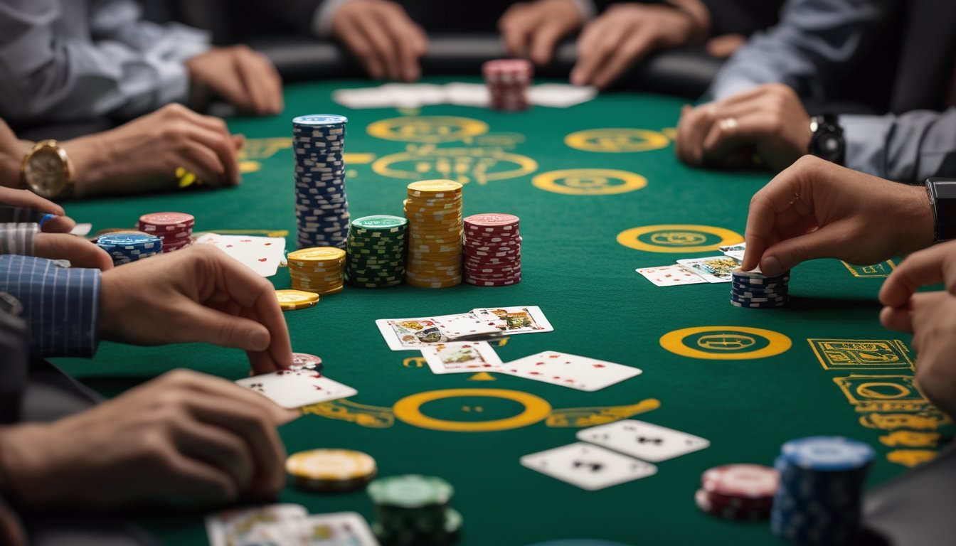 Meja poker dengan tumpukan chip dan kartu, menampilkan dua kelompok pemain yang sedang bermain Spin & Go dan Sit & Go.