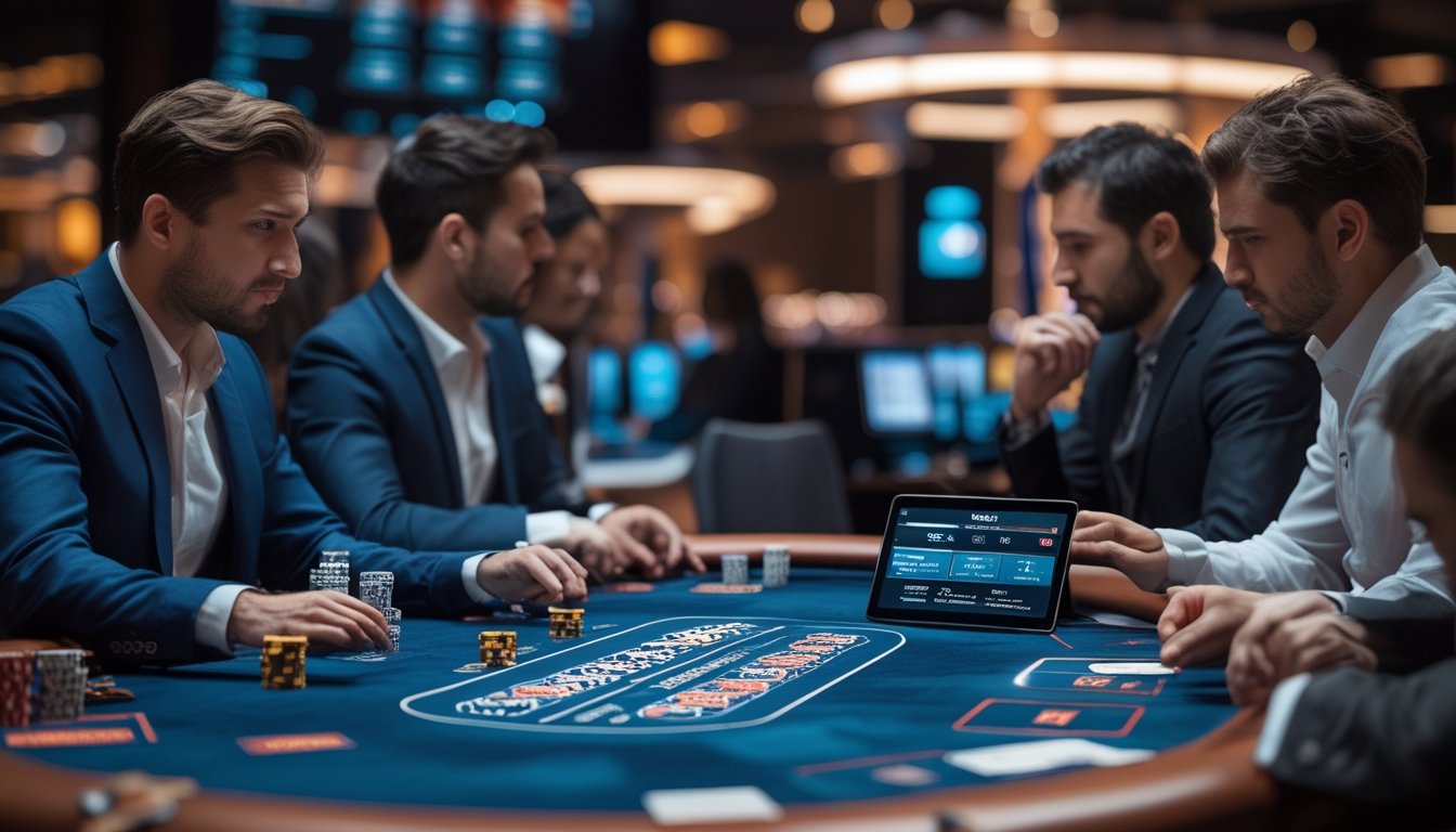 Meja poker dengan pemain yang sedang bermain dan chip taruhan di suasana kasino modern.