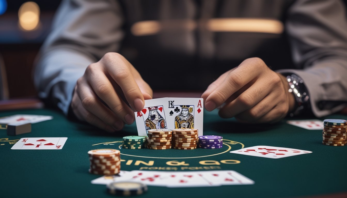 Seorang pemain poker yang fokus memegang kartu dan mengamati tumpukan chip di meja poker saat bermain Spin & Go.