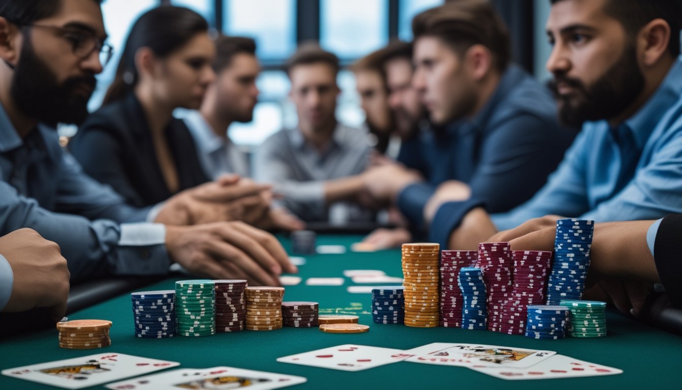 Meja poker dengan tumpukan chip dan kartu, dikelilingi oleh pemain yang serius memperhatikan permainan.