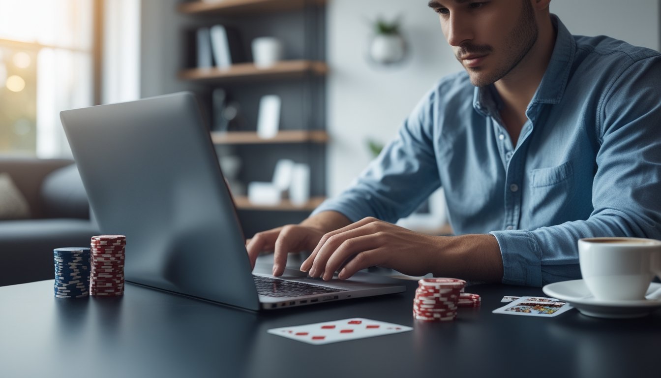 Seorang pria muda yang fokus bermain poker Spin & Go di laptop di meja kerja modern dengan tumpukan chip poker dan kartu di sekitarnya.