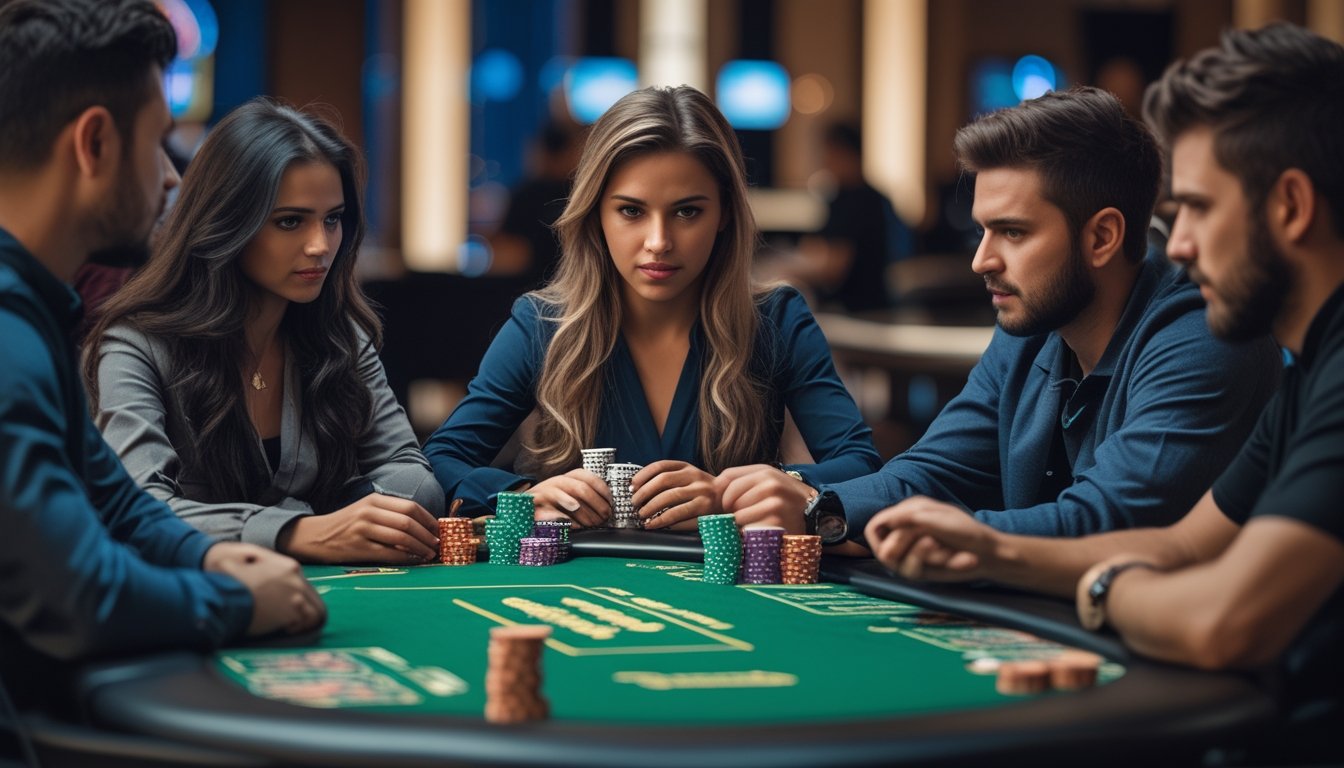 Tiga pemain poker sedang bermain di meja dengan tumpukan chip dan kartu, fokus dan serius dalam permainan Spin & Go Poker.