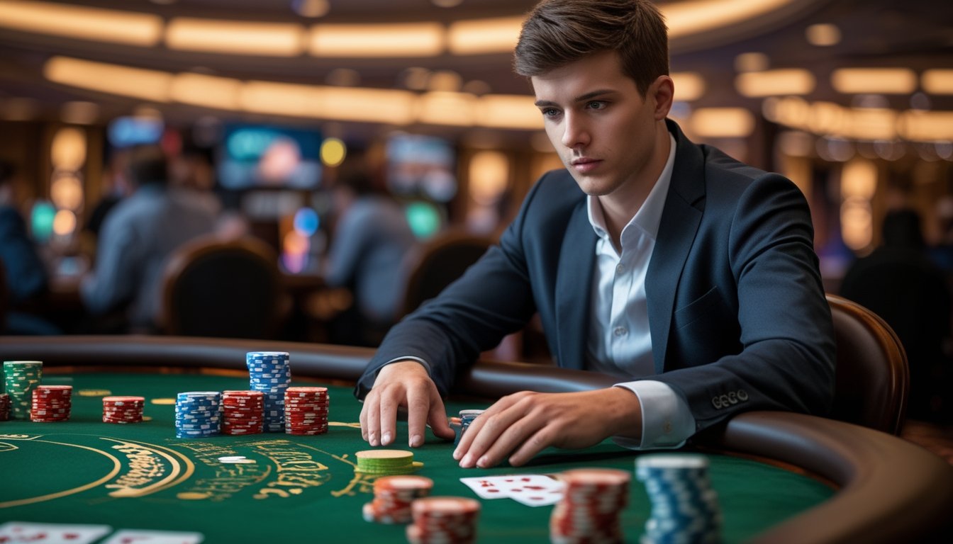 Seorang pemain poker fokus duduk di meja poker dengan chip dan kartu, di latar belakang suasana kasino yang mewah.