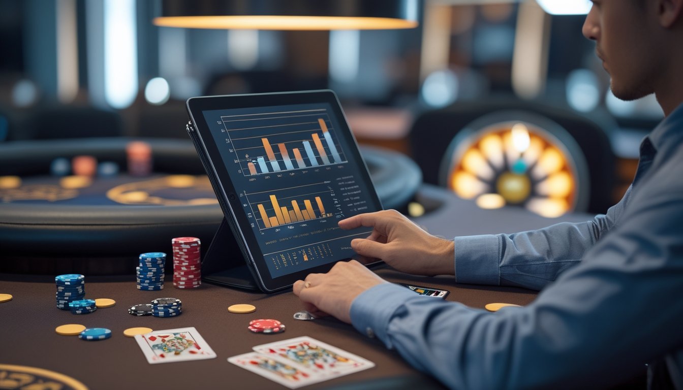Seorang pemain poker fokus mempelajari strategi poker di tablet di ruang poker modern dengan tumpukan chip dan kartu di meja.