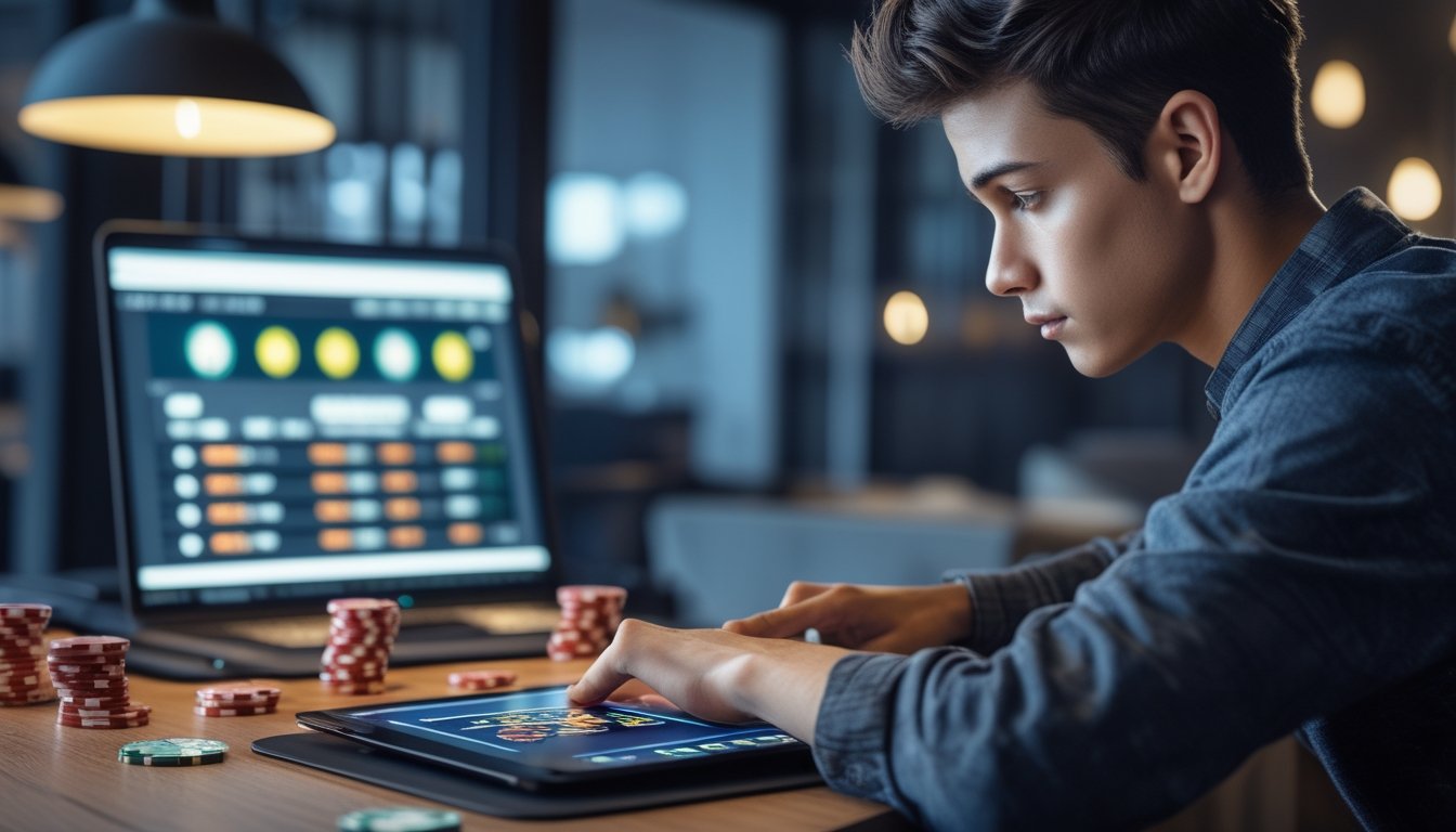 Seorang dewasa muda fokus bermain poker Spin & Go menggunakan tablet di ruangan modern dengan tumpukan chip poker dan kartu di meja.
