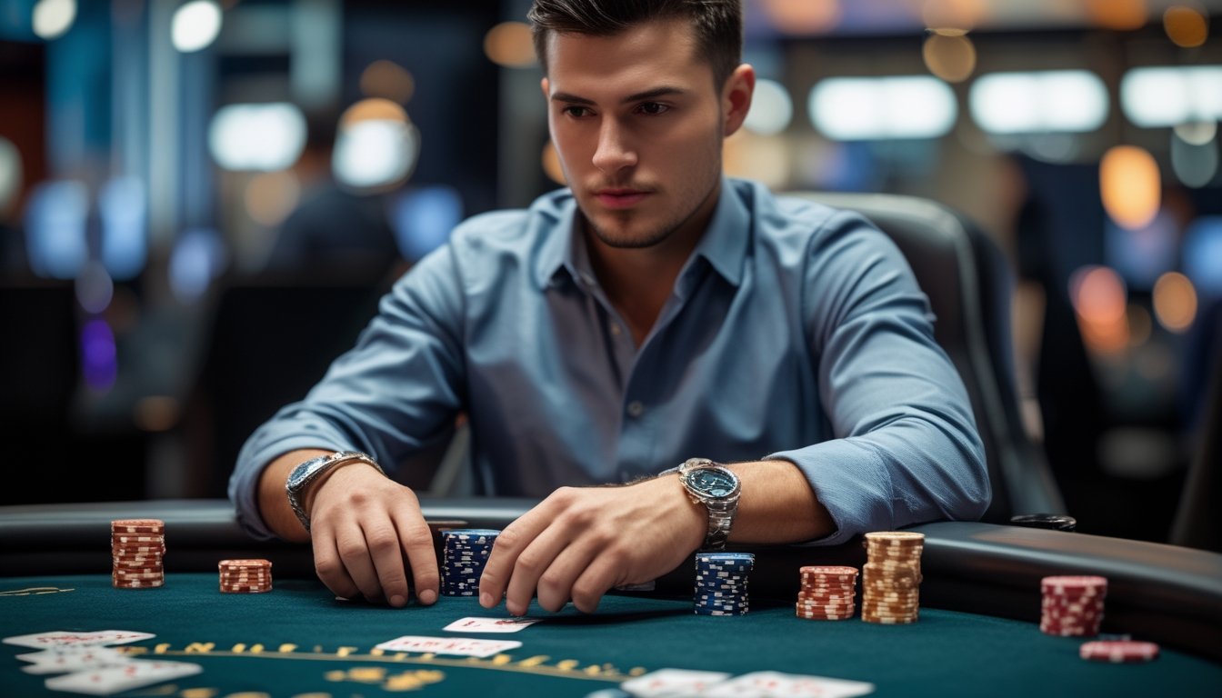 Seorang pemain poker fokus duduk di meja kasino dengan kartu dan chip poker, menampilkan suasana permainan Spin & Go Poker.