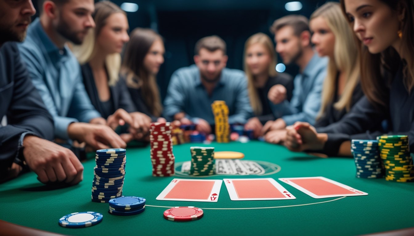 Meja poker dengan tumpukan chip dan kartu, dikelilingi oleh pemain yang fokus bermain.