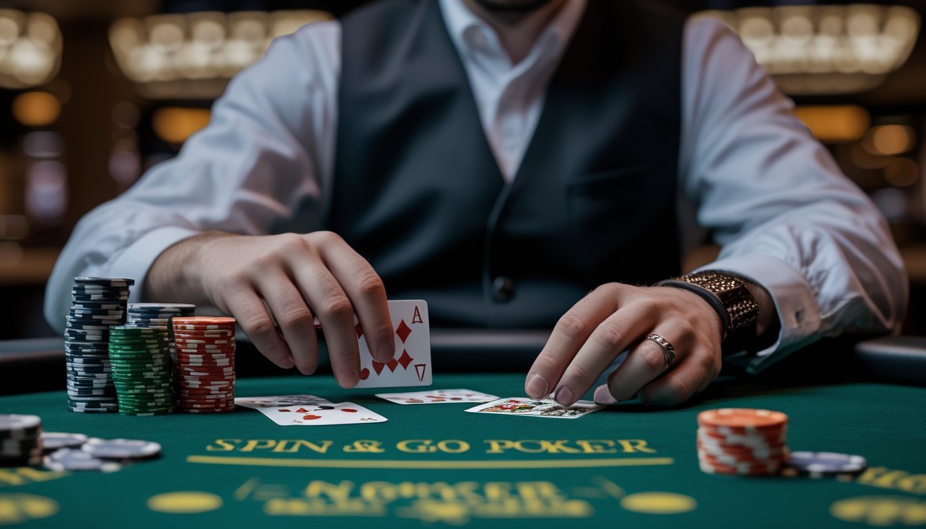 Meja poker dengan tumpukan chip dan kartu yang sedang dipasarkan oleh dealer di kasino.