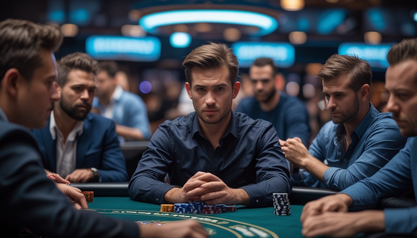 Seorang pemain poker yang fokus duduk di meja poker dengan tumpukan chip dan kartu, dikelilingi oleh pemain lain yang serius dalam suasana kasino.