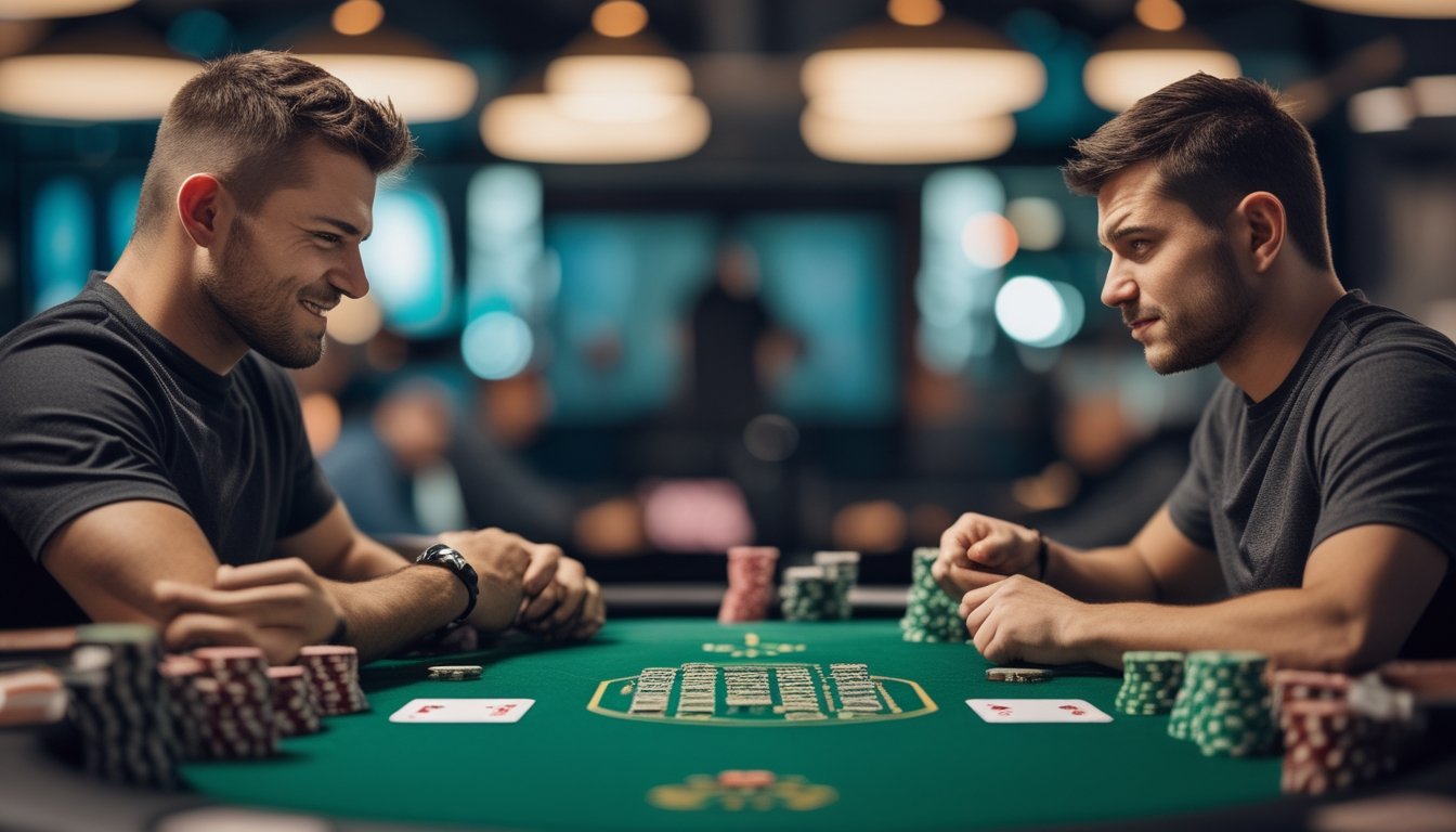 Dua pemain poker sedang bermain di meja Spin & Go dengan satu pemain terlihat agresif dan pemain lain fokus memperhatikan kartu.