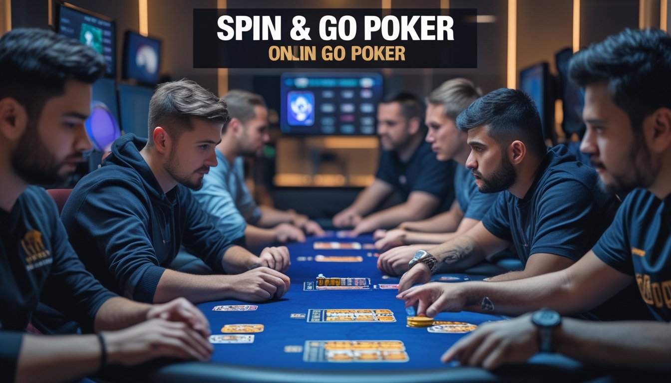 Beberapa pemain poker online berkonsentrasi bermain di meja poker dengan layar komputer menampilkan permainan poker Spin & Go.