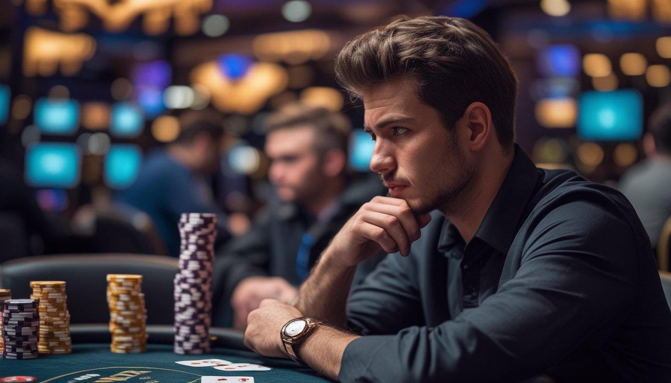 Seorang pemain poker serius duduk di meja poker dengan tumpukan chip dan kartu di tangan, sedang fokus dalam permainan Spin & Go.