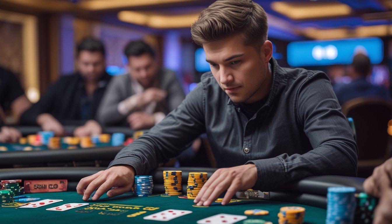 Seorang pemain poker sedang melakukan all-in di meja poker Spin & Go dengan ekspresi fokus dan serius.