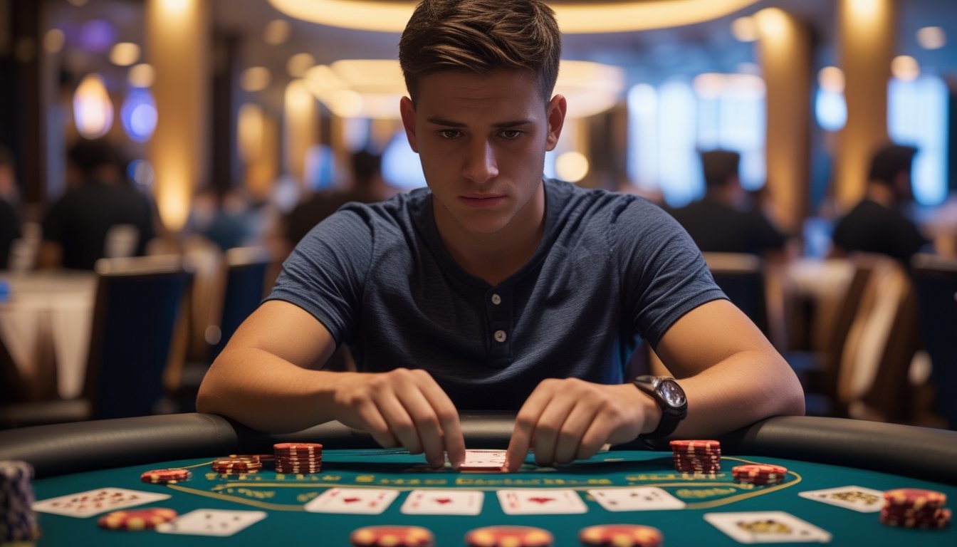 Seorang pria muda duduk di meja poker dengan ekspresi serius sambil melihat kartu dan chip poker di depannya di dalam kasino.