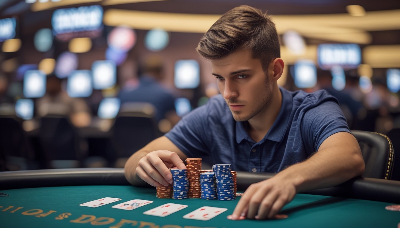 Seorang pemain poker muda yang fokus duduk di meja poker dengan kartu dan tumpukan chip di depan, di dalam kasino yang ramai.