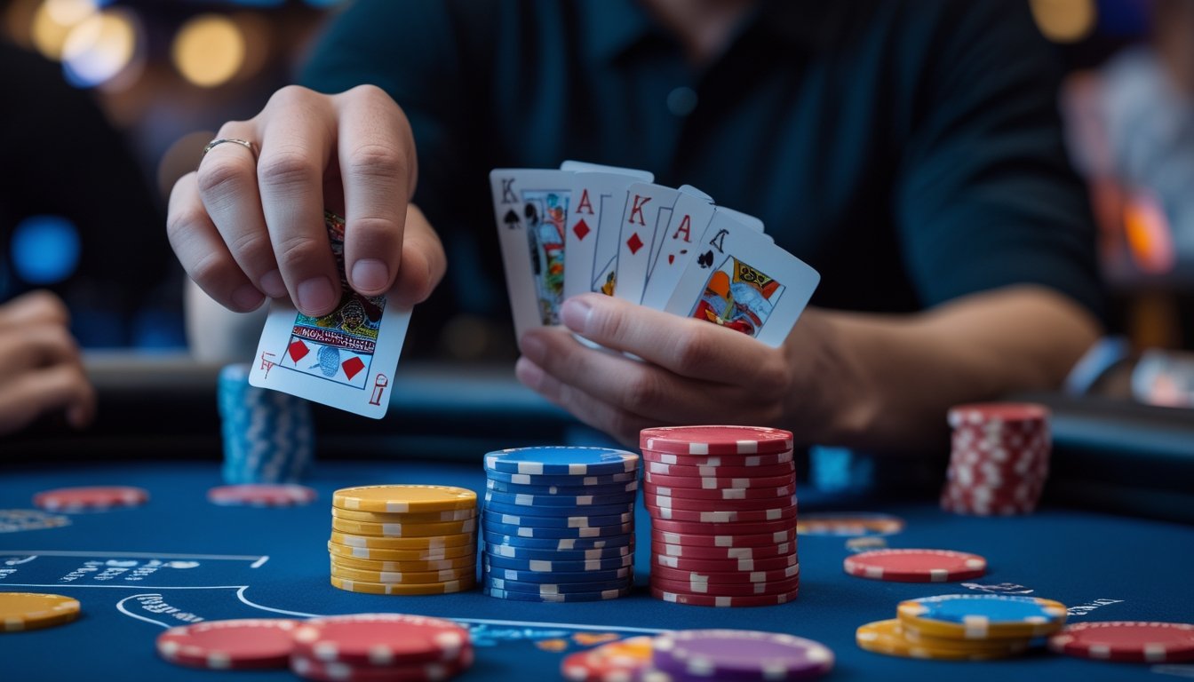 Seorang pemain poker sedang fokus memegang kartu dan tumpukan chip di meja poker dengan latar belakang kasino yang samar.