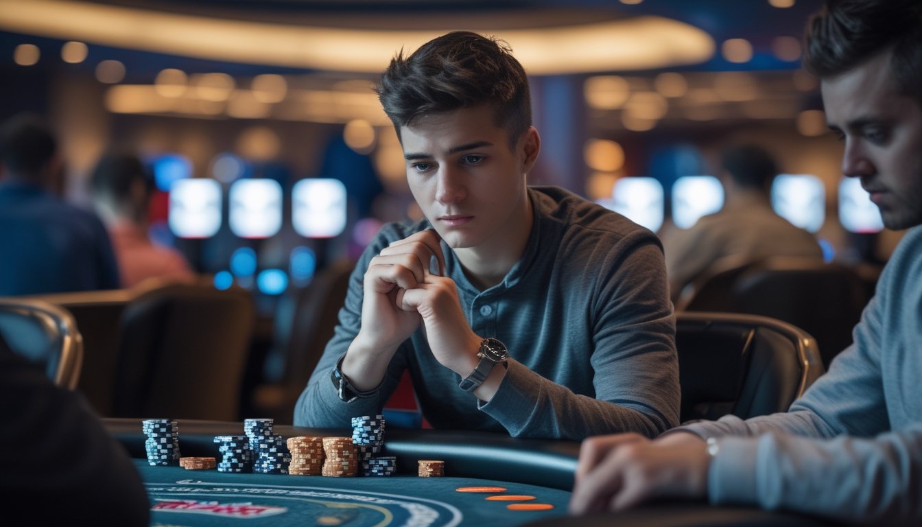 Seorang pemain poker fokus menganalisis kartu di meja poker dengan chip dan alat menghitung waktu di latar belakang kasino.
