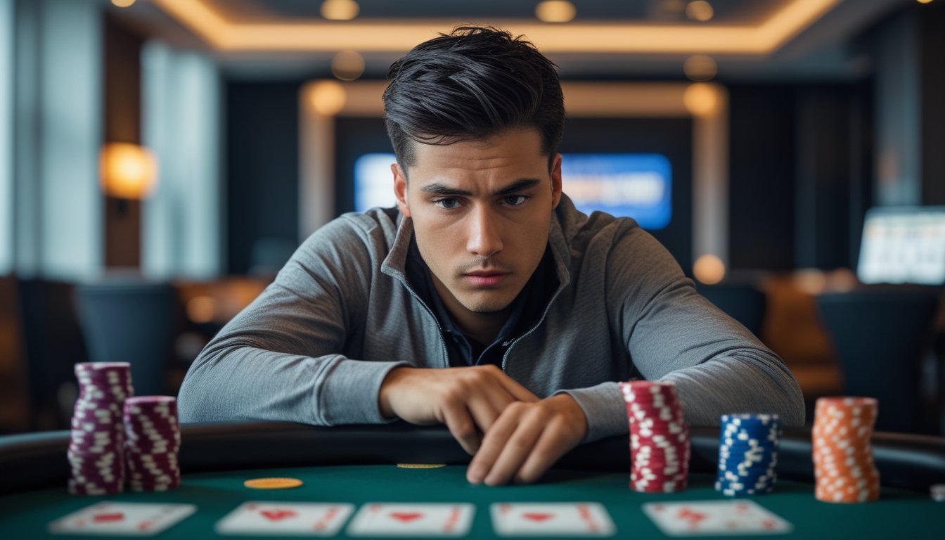 Seorang pemain poker fokus duduk di meja poker dengan kartu dan chip di depan, terlihat serius dan strategis.