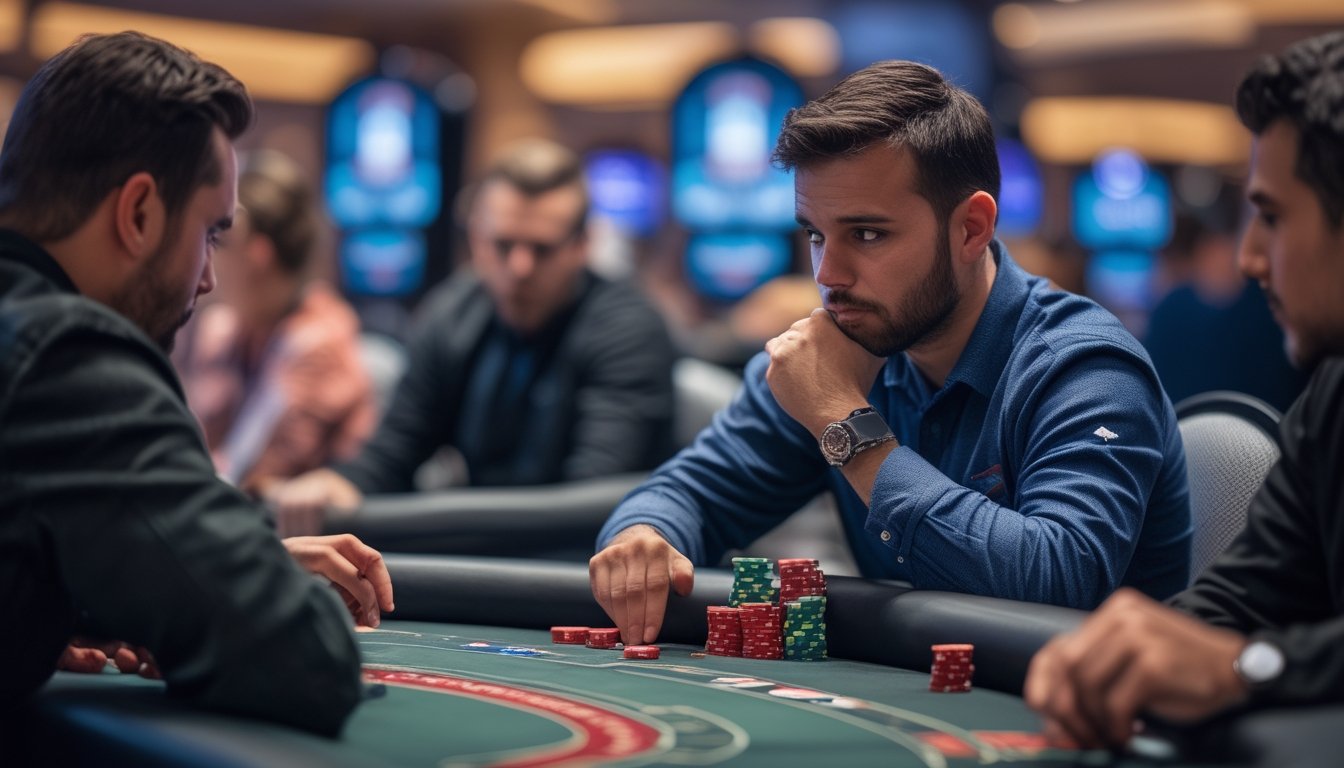 Seorang pemain poker fokus duduk di meja poker dengan chip dan kartu, memperhatikan posisi duduknya dalam permainan Spin & Go.