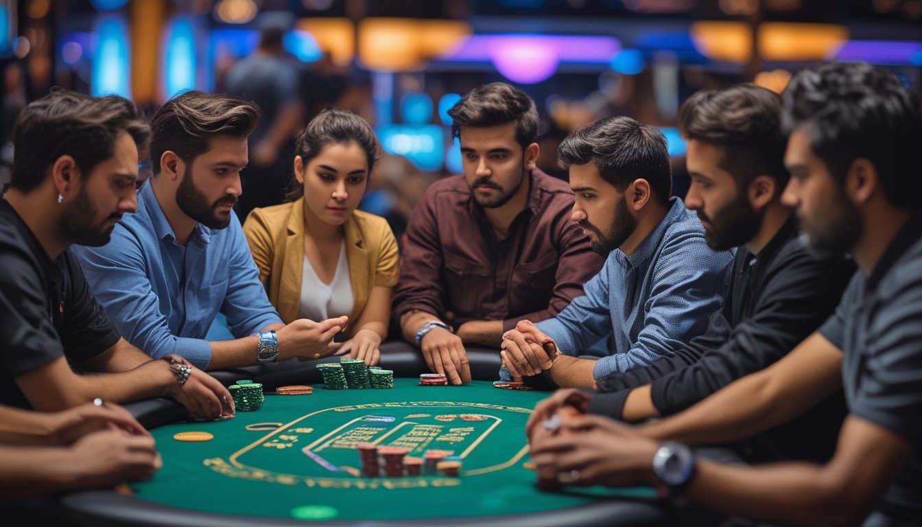 Sekelompok pemain poker sedang fokus bermain di meja poker dalam turnamen Spin & Go di kasino.