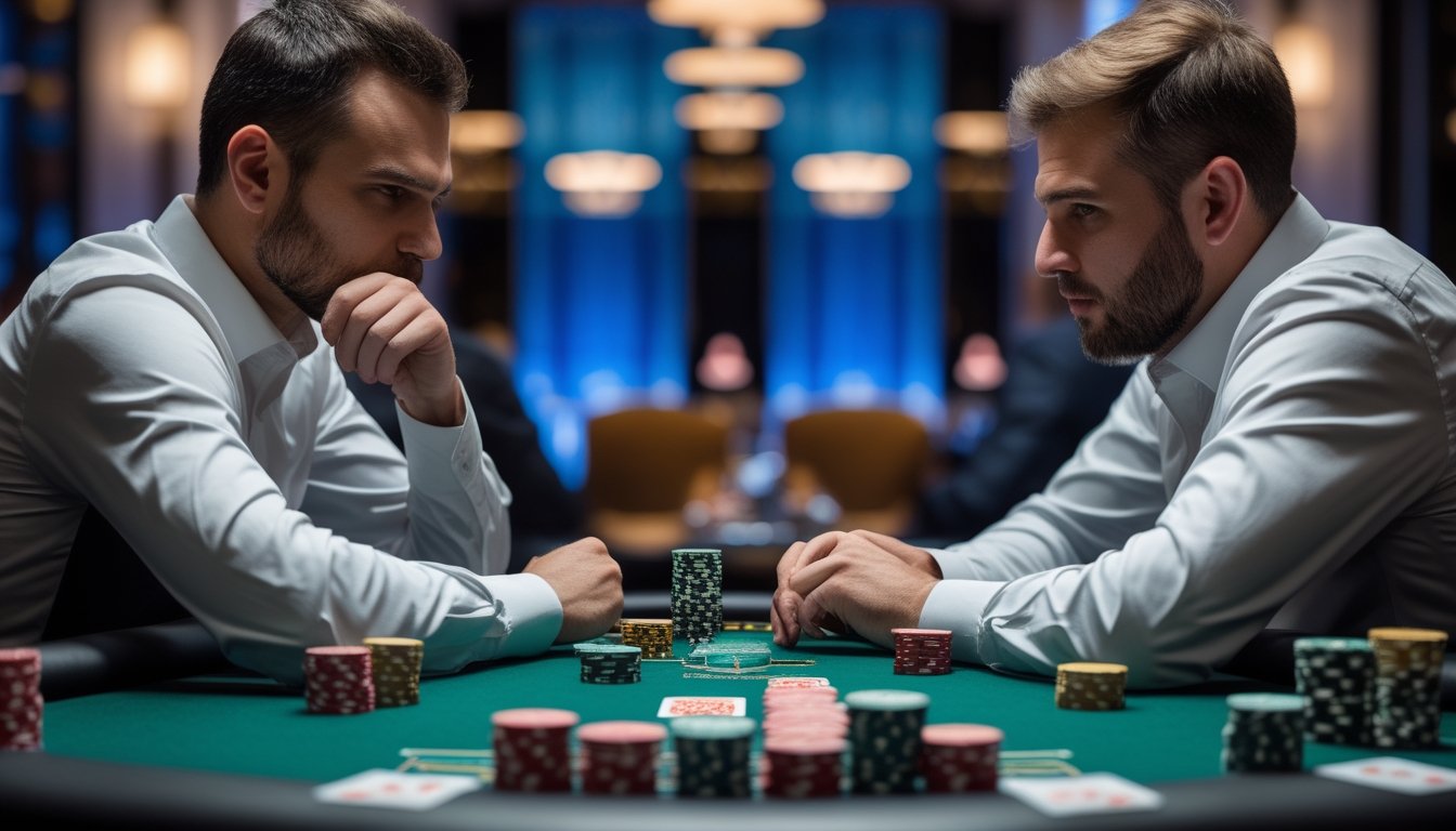 Dua pemain poker serius sedang bermain di meja poker dengan chip dan kartu, fokus pada strategi dalam turnamen poker.