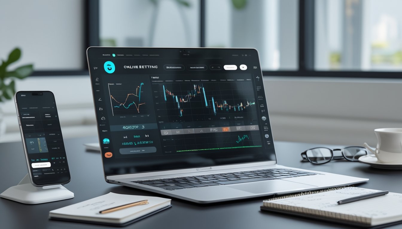 Sebuah ruang kerja modern dengan laptop, ponsel, dan alat tulis yang menunjukkan aktivitas terkait platform taruhan online.