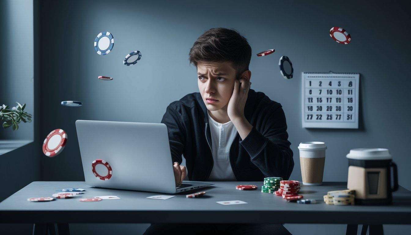 Seseorang duduk di depan laptop dengan ekspresi cemas, dikelilingi oleh chip poker dan kartu remi yang berserakan di meja.