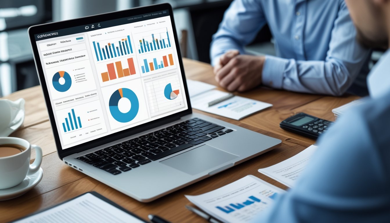 Seorang pria duduk di depan laptop dengan grafik dan data peluang taruhan di meja kerja yang rapi.