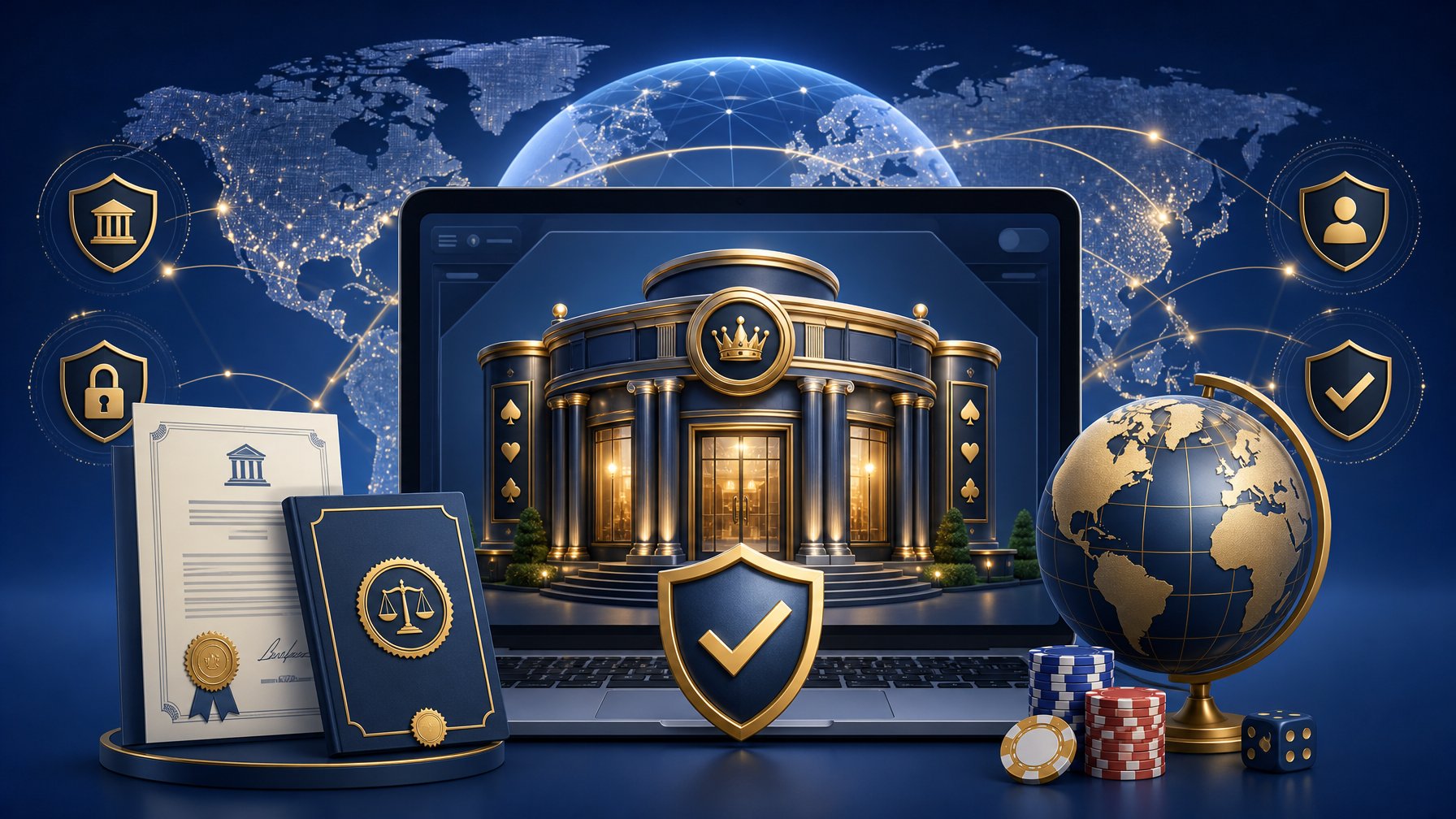 A Digital Illustration Showing A Casino Building Surrounded By Legal Documents And Security Icons, With A Globe In The Background Representing Global Market Access.