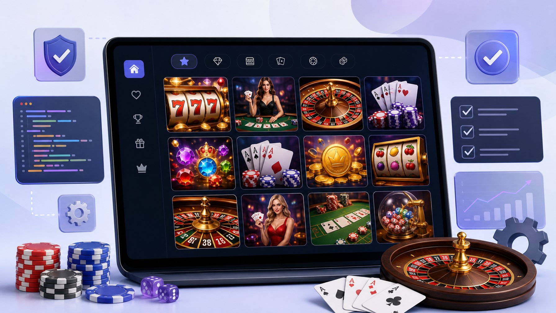 A Digital Device Displaying A Collection Of Colorful Casino Game Icons With Symbols Representing Software Quality Around It.